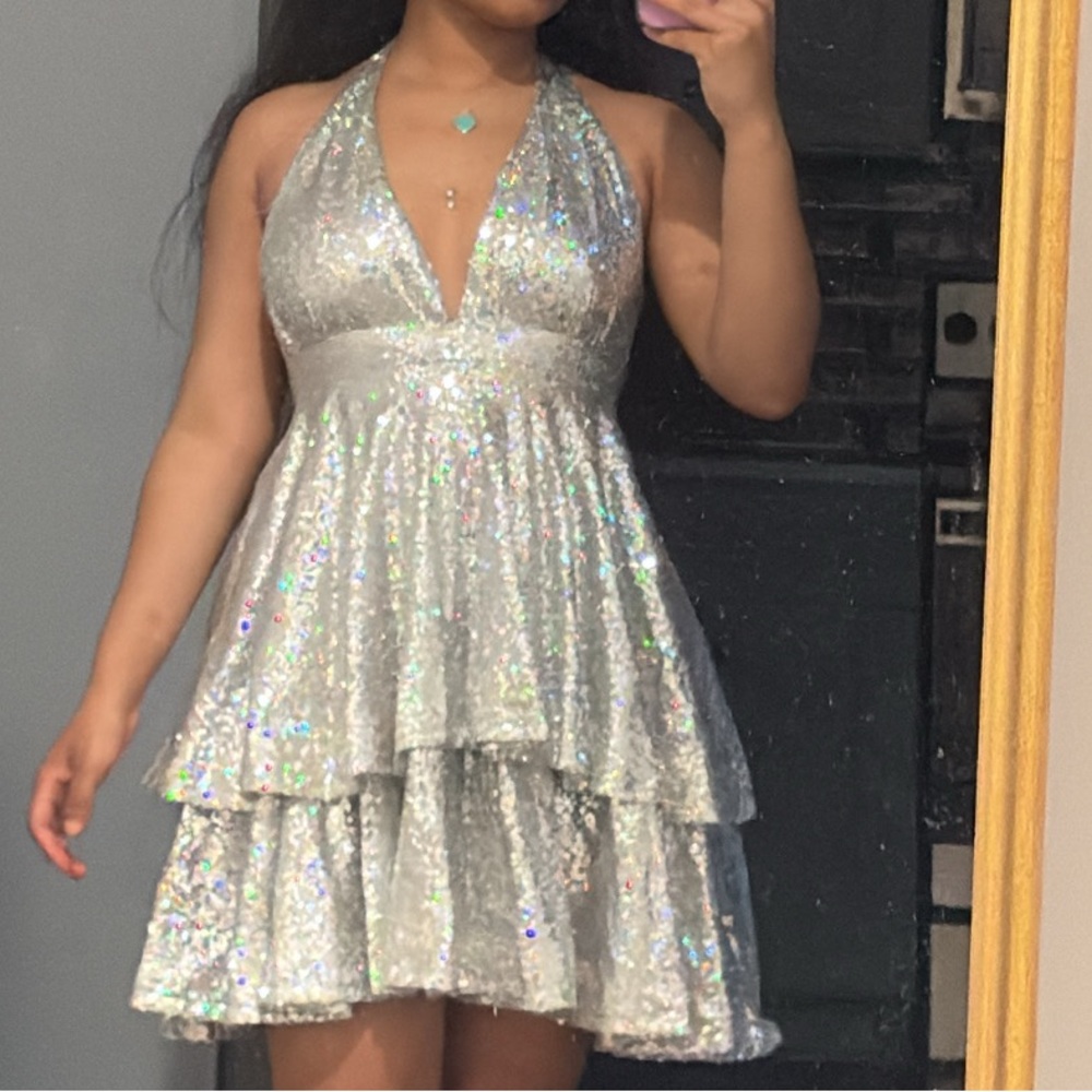Couture Silver Sequin Halter Dress